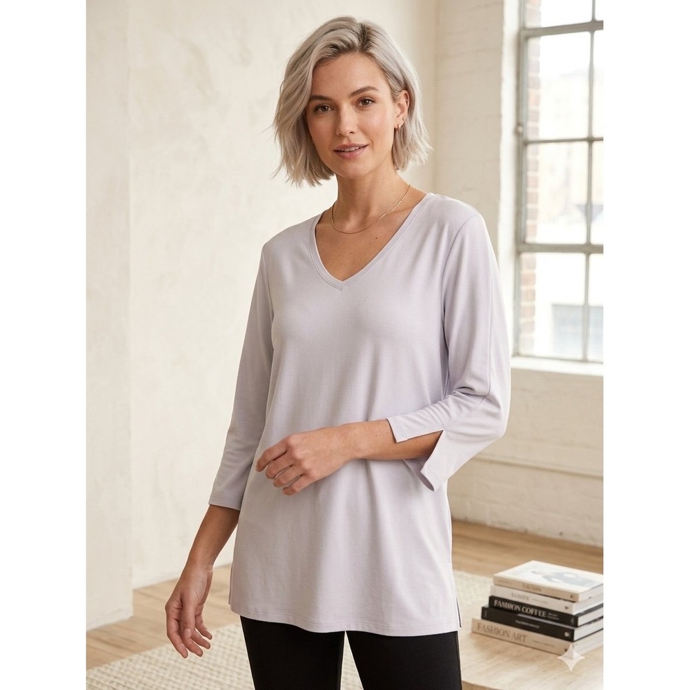 Valentina V-Neck Tunic Top White Off 3/4 Sleeve Slit Cuff Large Minimalist